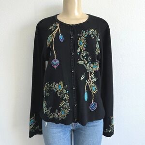 Vintage KIKIT Peacock Beaded Cardigan S Boho Chic Embroidered Knit